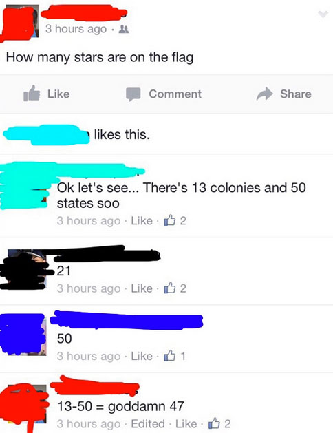 number - 3 hours ago. How many stars are on the flag Comment this. Ok let's see... There's 13 colonies and 50 states soo 3 hours ago 2 21 3 hours ago 2 50 3 hours ago B1 1350 goddamn 47 3 hours ago Edited 2