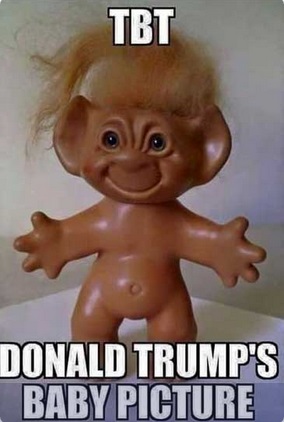 Trump meme with a yellow haired troll doll