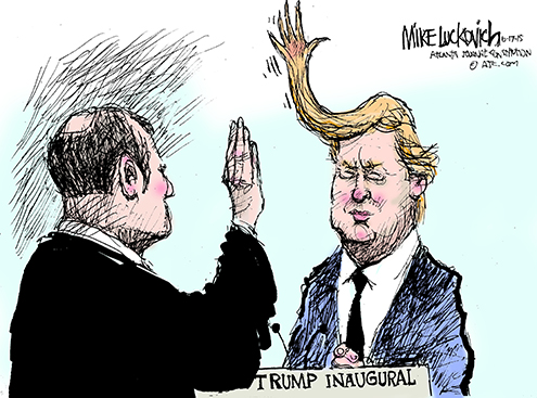 Trump meme with a caricature of his hair taking a vow
