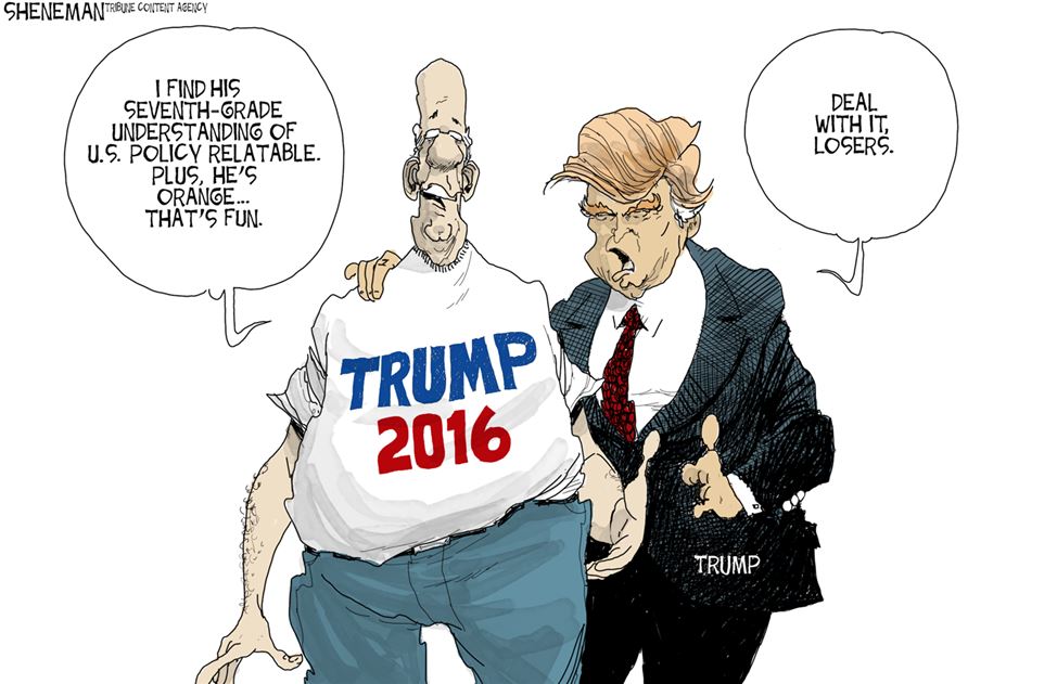trump meme of donald trump cartoon joke - Sheneman Treue Context Agency I Find His SeventhGrade Understanding Of U.S. Policy Relatable. Plus, He'S Orange... That'S Fun Deal With It, Losers. Trump 2016 Trump