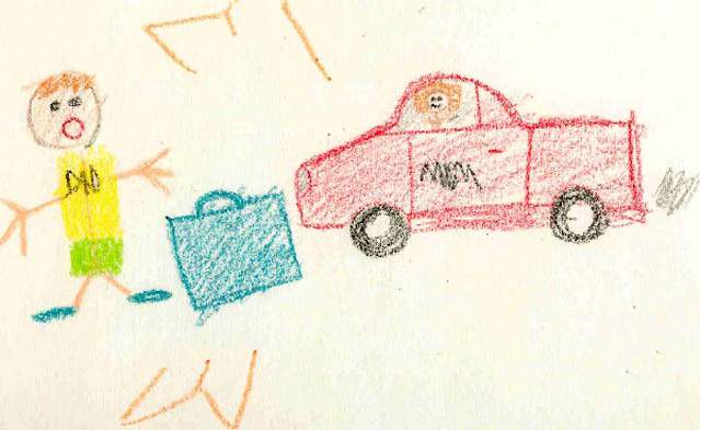 Although it could mean mommy is leaving daddy, the attention to detail in the car drawing, as well as mommy's position in the front seem to indicate she's driving toward him instead.