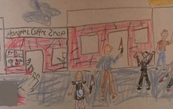 This drawing shows a little girl and her dad walking down the street after having committed a mass murder within a coffee shop. Everyone else on the street is cheering them.
