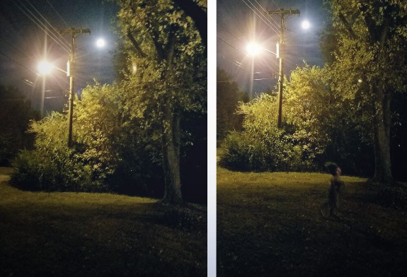 Two photos of the full moon, taken one immediately after the other. Whatever this figure is, the photographer claims wasn't there.
