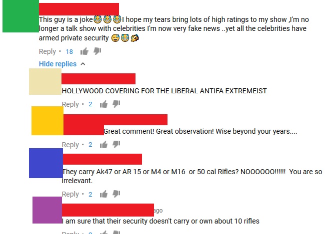 angle - This guy is a joke I hope my tears bring lots of high ratings to my show ,I'm no longer a talk show with celebrities I'm now very fake news ..yet all the celebrities have armed private security 09 18 Hide replies Hollywood Covering For The Liberal