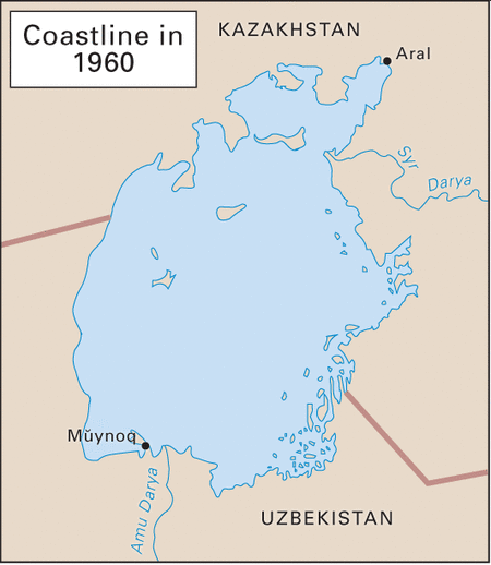 map - Kazakhstan Coastline in 1960 Aral Darya Mynoq. Amu Darya Uzbekistan