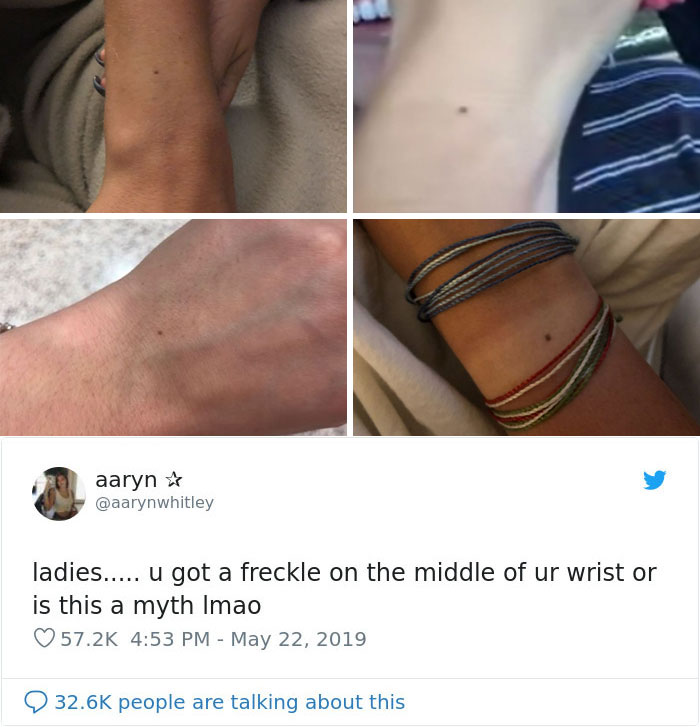Recently on Twitter, Whitley posted pics with her friends to prove that every woman seems to have a distinct freckle either on her wrist, left boob, or both.