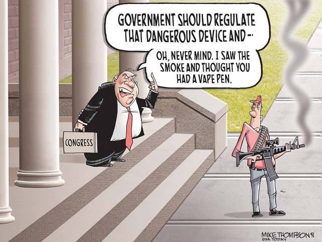 cartoon - Government Should Regulate That Dangerous Device And Oh, Never Mind. I Saw The Smoke And Thought You Had A Vape Pen. Congress Mike Thompsons