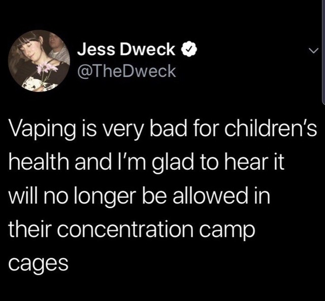 photo caption - Jess Dweck Vaping is very bad for children's health and I'm glad to hear it will no longer be allowed in their concentration camp cages