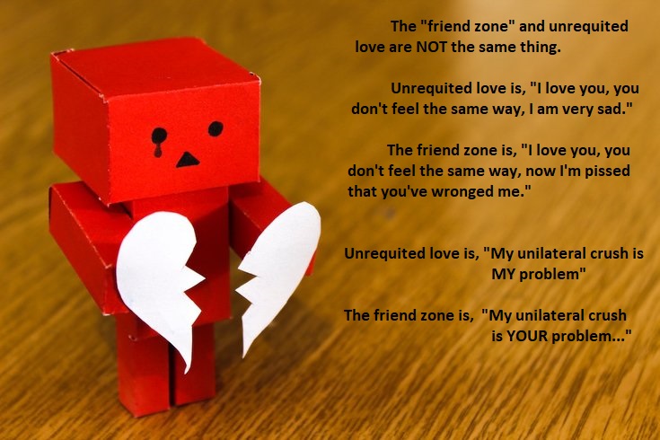 The "friend zone" and unrequited love are Not the same thing. Unrequited love is, "I love you, you don't feel the same way, I am very sad." The friend zone is, "I love you, you don't feel the same way, now I'm pissed that you've wronged me." Unrequited…