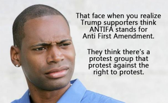 photo caption - That face when you realize Trump supporters think Antifa stands for Anti First Amendment. They think there's a protest group that protest against the right to protest.