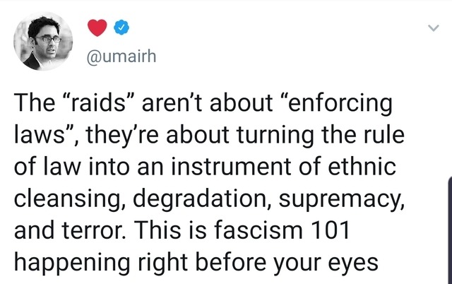 document - The raids aren't about enforcing laws", they're about turning the rule of law into an instrument of ethnic cleansing, degradation, supremacy, and terror. This is fascism 101 happening right before your eyes