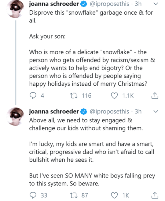 body jewelry - joanna schroeder . 3h v Disprove this "snowflake" garbage once & for all. Ask your son Who is more of a delicate "snowflake" the person who gets offended by racismsexism & actively wants to help end bigotry? Or the person who is offended by