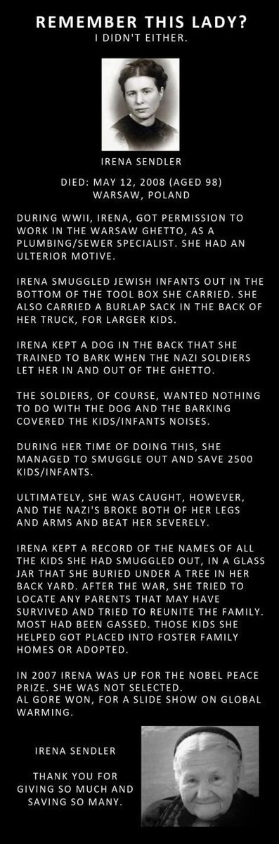 irena sendler - Remember This Lady? I Didn'T Either. Irena Sendler Died Aged 98 Warsaw, Poland During Wwii, Irena, Got Permission To Work In The Warsaw Ghetto, As A PlumbingSewer Specialist. She Had An Ulterior Motive. Irena Smuggled Jewish Infants Out In