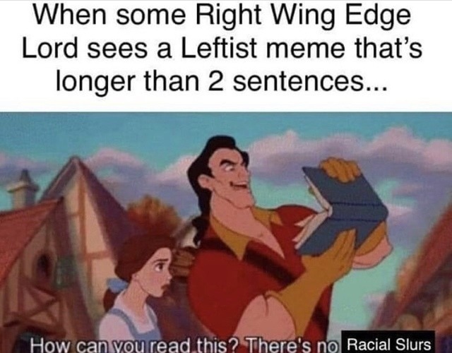 can you read this there's no - When some Right Wing Edge Lord sees a Leftist meme that's longer than 2 sentences... How can you read this? There's no Racial Slurs