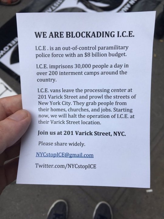 material - We Are Blockading I.C.E. I.C.E. is an outofcontrol paramilitary police force with an $8 billion budget. I.C.E. imprisons 30,000 people a day in over 200 interment camps around the country. I.C.E. vans leave the processing center at 201 Varick S