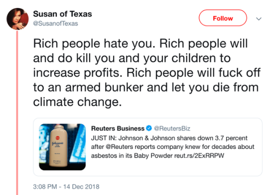 Kim Kardashian - Susan of Texas Rich people hate you. Rich people will and do kill you and your children to increase profits. Rich people will fuck off to an armed bunker and let you die from climate change. ola! Reuters Business ReutersBiz Just In Johnso