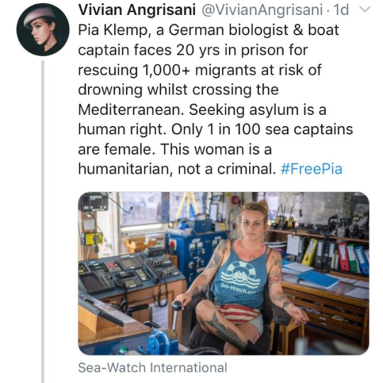 pia klemp meme - Vivian Angrisani 1d v Pia Klemp, a German biologist & boat captain faces 20 yrs in prison for rescuing 1,000 migrants at risk of drowning whilst crossing the Mediterranean. Seeking asylum is a human right. Only 1 in 100 sea captains are f