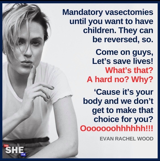 westworld evan rachel wood - Mandatory vasectomies until you want to have children. They can be reversed, so. Come on guys, Let's save lives! What's that? A hard no? Why? 'Cause it's your body and we don't get to make that choice for you? Ooooooohhhhhh!!!