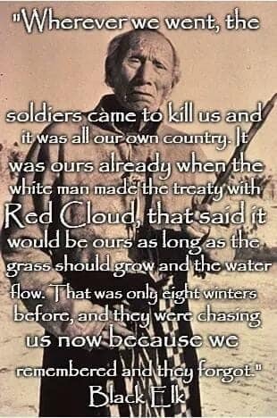 black elk - "Wherever we went, the soldiers came to kill us and it was all our own country. It was ours already when the white man made the treaty with Red Cloud that said it would be ours as long as the grass should grow and the water flow. That was only