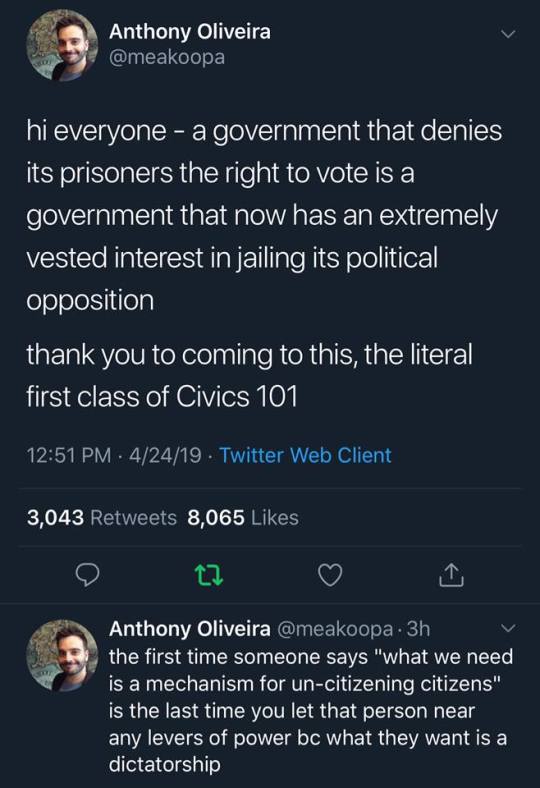 screenshot - Anthony Oliveira hi everyone a government that denies its prisoners the right to vote is a government that now has an extremely vested interest in jailing its political opposition thank you to coming to this, the literal first class of Civics
