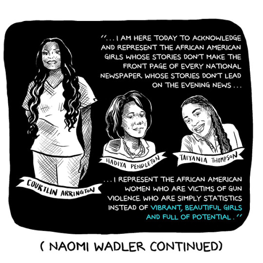 cartoon - "... I Am Here Today To Acknowledge And Represent The African American Girls Whose Stories Don'T Make The Front Page Of Every National Newspaper Whose Stories Don'T Lead On The Evening News ... Hadiya Pend Talyania Thomps Ndleton Courilin In Arr