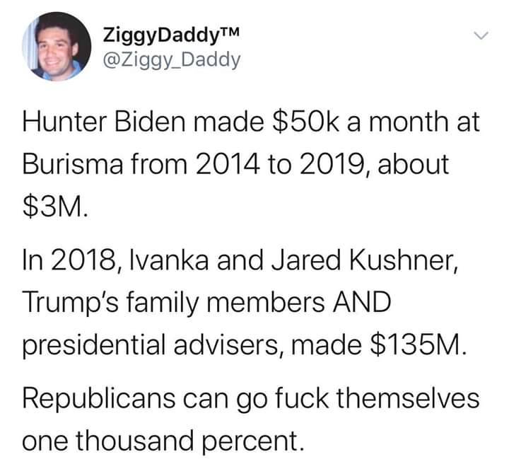 levels of white people mad - ZiggyDaddyTM Hunter Biden made $50k a month at Burisma from 2014 to 2019, about $3M. In 2018, Ivanka and Jared Kushner, Trump's family members And presidential advisers, made $135M. Republicans can go fuck themselves one thous