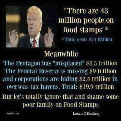 people ashamed food stamps - "There are 43 million people on food stamps' Total cost $74 Billion Meanwhile The Pentagon has "misplaced" $8.5 trillion The Federal Reserve is missing $9 trillion and corporations are hiding $2.4 trillion in overseas tax have