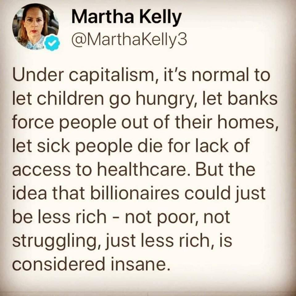 writing - Martha Kelly Under capitalism, it's normal to let children go hungry, let banks force people out of their homes, let sick people die for lack of access to healthcare. But the idea that billionaires could just be less rich not poor, not strugglin