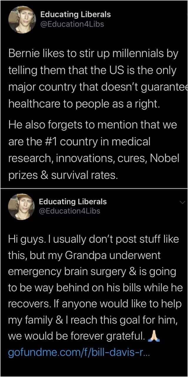 moon - Educating Liberals 4Libs Bernie to stir up millennials by telling them that the Us is the only major country that doesn't guarantee healthcare to people as a right. He also forgets to mention that we are the country in medical research, innovations