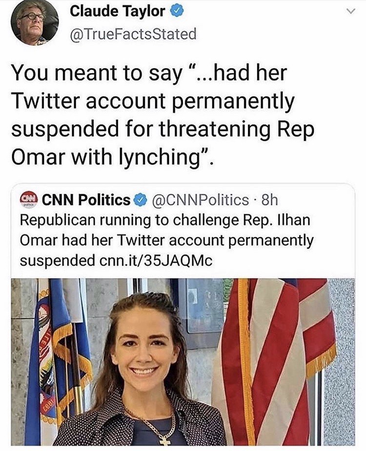 bosnian problem - Claude Taylor You meant to say "...had her Twitter account permanently suspended for threatening Rep Omar with lynching". Cnn Cnn Politics 8h Republican running to challenge Rep. Ilhan Omar had her Twitter account permanently suspended c
