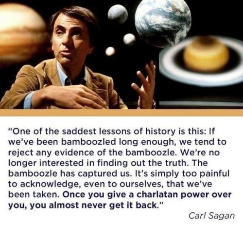 carl sagan in cosmos - "One of the saddest lessons of history is this If we've been bamboozled long enough, we tend to reject any evidence of the bamboozle. We're no longer interested in finding out the truth. The bamboozle has captured us. It's simply to