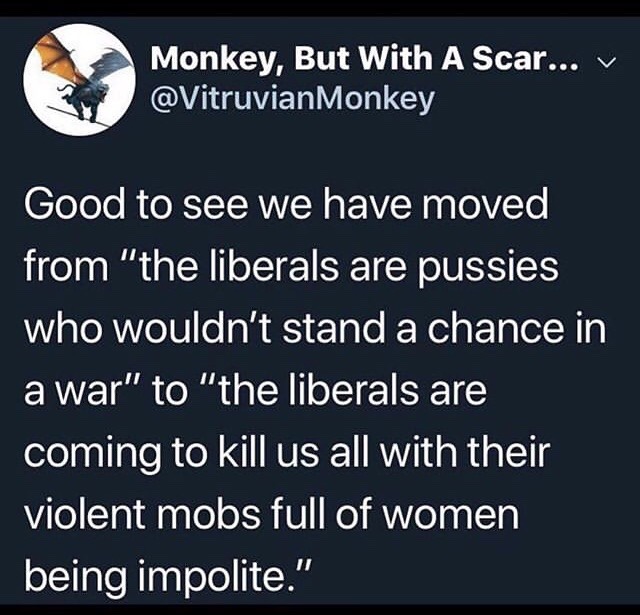 casa museo del campesino - Monkey, But With A Scar... v Monkey Good to see we have moved from "the liberals are pussies who wouldn't stand a chance in a war" to "the liberals are coming to kill us all with their violent mobs full of women being impolite."