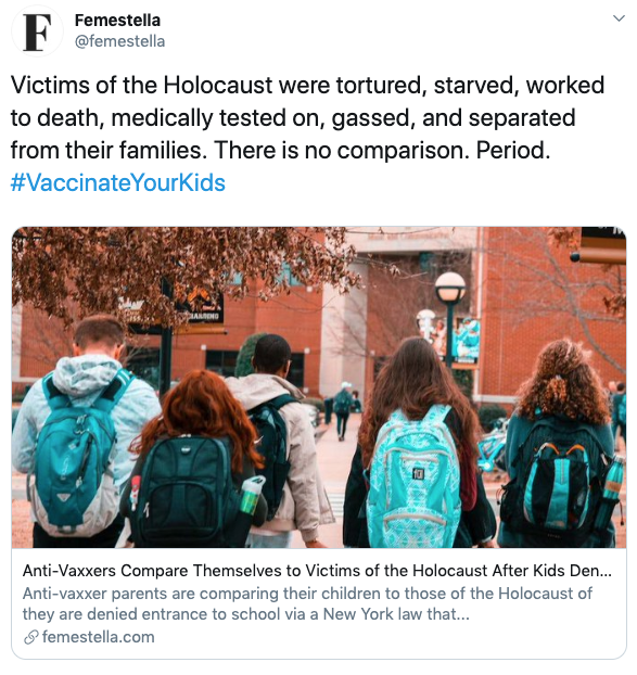 Student - D N Femestella Victims of the Holocaust were tortured, starved, worked to death, medically tested on, gassed, and separated from their families. There is no comparison. Period. YourKids AntiVaxxers Compare Themselves to Victims of the Holocaust 