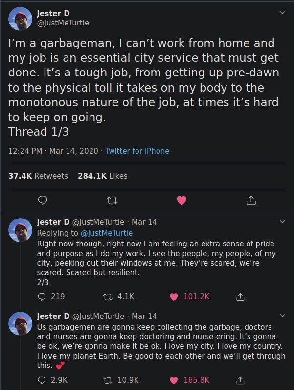 screenshot - Jester D Turtle I'm a garbageman, I can't work from home and my job is an essential city service that must get done. It's a tough job, from getting up predawn to the physical toll it takes on my body to the monotonous nature of the job, at ti