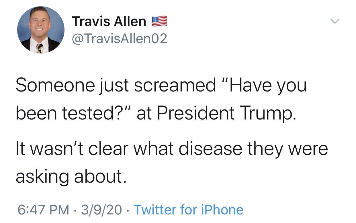 eagles won last night meme - Travis Allen 5 Someone just screamed "Have you been tested?" at President Trump. It wasn't clear what disease they were asking about 3920 Twitter for iPhone