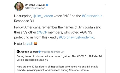 document - Dr. Dena Grayson No surprise, voted "No" on the Response Bill. Fellow Americans, remember the names of Jim Jordan and these 39 other members, who voted Against protecting us from this deadly . Historic . Joseph Sakran Sakran 2h During times of 