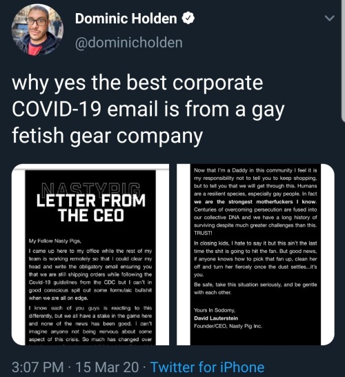 lyrics - Dominic Holden why yes the best corporate Covid19 email is from a gay fetish gear company Nastydig Letter From The Ceo Now that I'm a Daddy in this community I feel it is my responsibility not to tell you to keep shopping but to tell you that we 