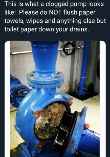 water - This is what a clogged pump looks ! Please do Not flush paper towels, wipes and anything else but toilet paper down your drains.