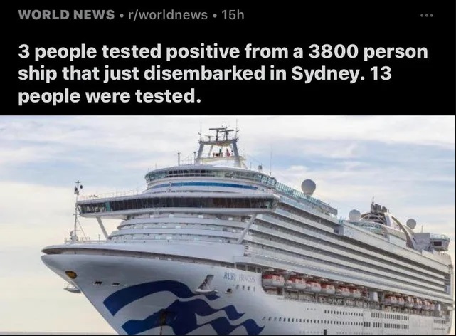 princess cruise to tasmania - World News.rworldnews 15h 3 people tested positive from a 3800 person ship that just disembarked in Sydney. 13 people were tested. 1101111111 Im