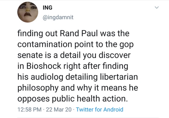 document - Ing Qingdamnit finding out Rand Paul was the contamination point to the gop senate is a detail you discover in Bioshock right after finding his audiolog detailing libertarian philosophy and why it means he opposes public health action. 22 Mar 2