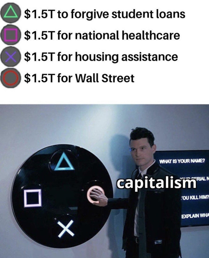 $1.5T to forgive student loans $1.5T for national healthcare $1.5T for housing assistance $1.5T for Wall Street What Is Your Name? Aerialn capitalismo Ou Kill Him? Explain Wha