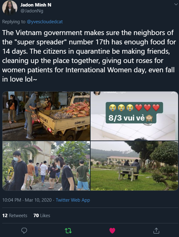 screenshot - Jadon Minh N The Vietnam government makes sure the neighbors of the "super spreader" number 17th has enough food for 14 days. The citizens in quarantine be making friends, cleaning up the place together, giving out roses for women patients fo