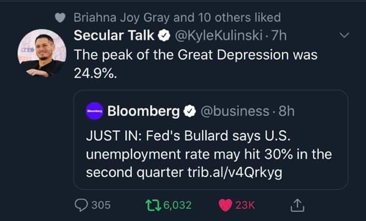 bloomberg l.p. - Briahna Joy Gray and 10 others d Secular Talk 7h The peak of the Great Depression was 24.9%. Bloomberg . 8h Just In Fed's Bullard says U.S. unemployment rate may hit 30% in the second quarter trib.alv4Qrkyg 305 276, I