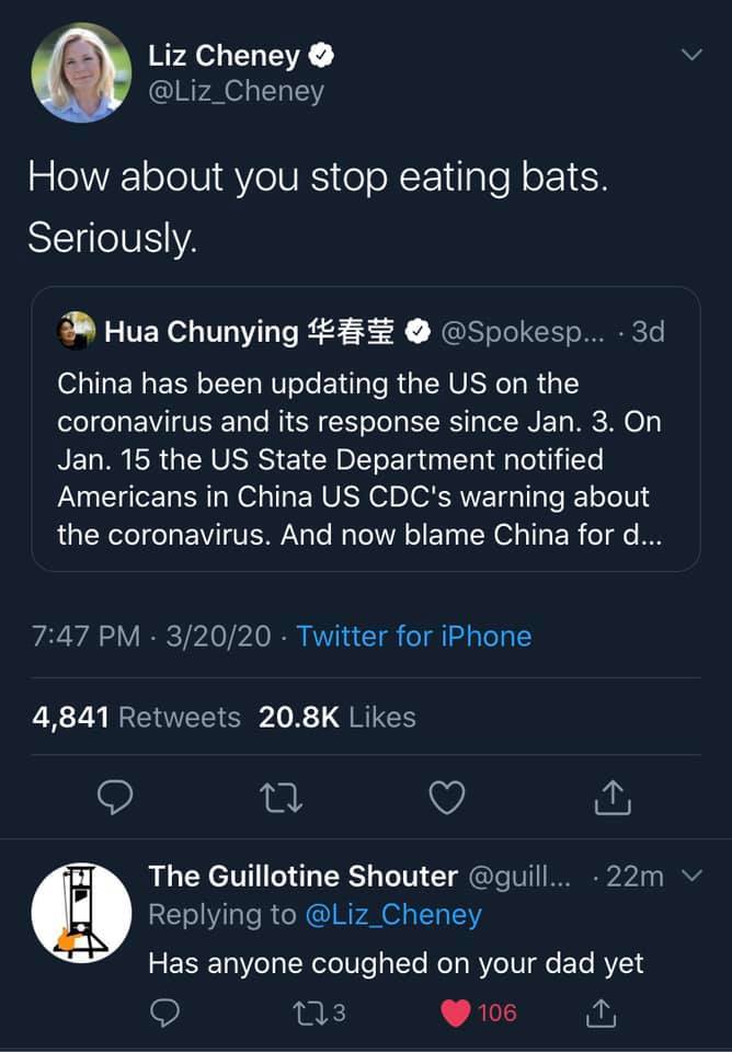 screenshot - Liz Cheney How about you stop eating bats. Seriously. Hua Chunying ... . 3d China has been updating the Us on the coronavirus and its response since Jan. 3. On Jan. 15 the Us State Department notified Americans in China Us Cdc's warning about