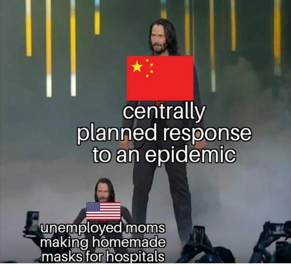 keanu reeves meme - centrally planned response to an epidemic unemployed moms making homemade masks for hospitals