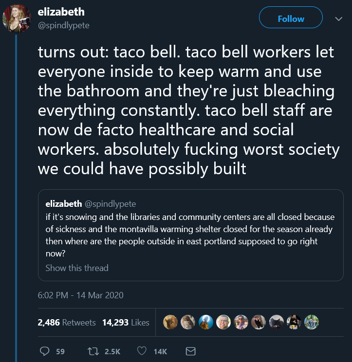 screenshot - elizabeth v turns out taco bell. taco bell workers let everyone inside to keep warm and use the bathroom and they're just bleaching everything constantly. taco bell staff are now de facto healthcare and social workers. absolutely fucking wors