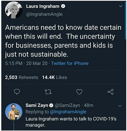 blade of awe - Laura Ingraham Americans need to know date certain when this will end. The uncertainty for businesses, parents and kids is just not sustainable. . 20 Mar 20. Twitter for iPhone 2,503 O 22