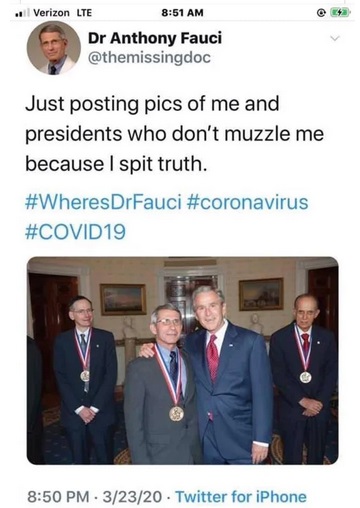 conversation - ..Verizon Lte Dr Anthony Fauci Just posting pics of me and presidents who don't muzzle me because I spit truth. DrFauci 32320 Twitter for iPhone