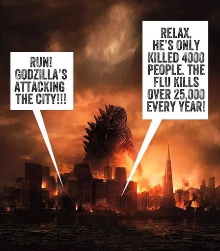 Run! Godzilla'S Attacking The City!!! Relax. He'S Only Killed 4000 People. The Flu Kills Over 25.000 Every Year!