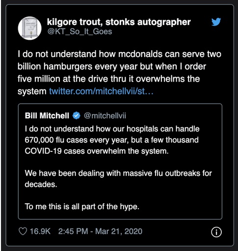 screenshot - kilgore trout, stonks autographer I do not understand how mcdonalds can serve two billion hamburgers every year but when I order five million at the drive thru it overwhelms the system twitter.commitchellviist... Bill Mitchell I do not unders